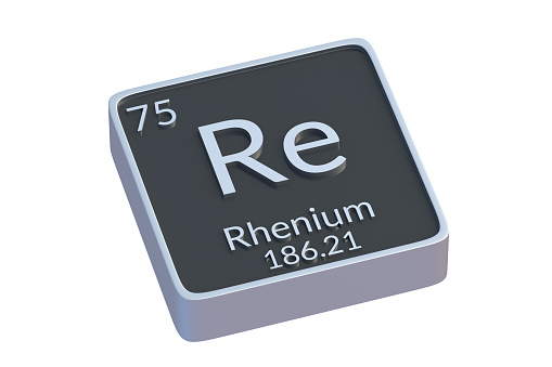 Rhenium Re chemical element of periodic table isolated on white background. Metallic symbol of chemistry element. 3d render