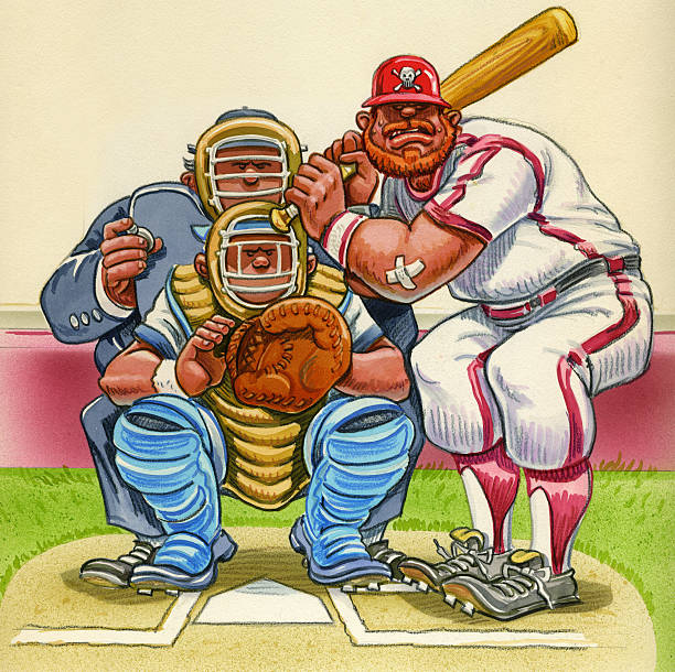 baseball kreskówka,-rzadkie ciasto, łapacz i sędzia w domu płyta - home base base plate baseball umpire stock illustrations