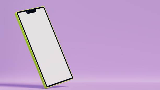 istock Smart phone green color in diagonal pose on purple scenery, 3d illustration 1489904798