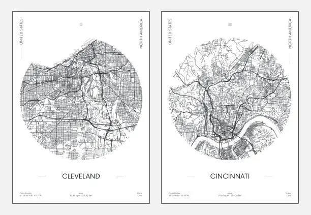 Vector illustration of Travel poster, urban street plan city map Cleveland and Cincinnati, vector illustration