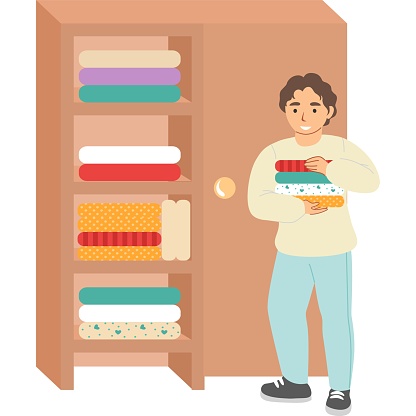 Teenager boy putting things in closet vector icon isolated on white background