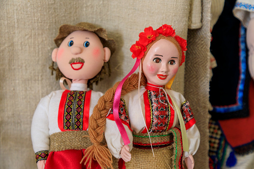 Eastern Europe,Ukraine, Kiev, Kyiv. Dolls dressed in traditional costumes of the region. Village of Olkhovchyk outside the city.