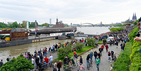 Cologne, Germany, May 13 2023: welcoming of the historic submarine u17 on its way to the museum speyer in front of thousands of spectators in cologne