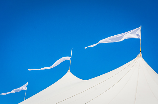 Three white banners fly against a blue sky background from tentpoles in celebration of an upcoming wedding.