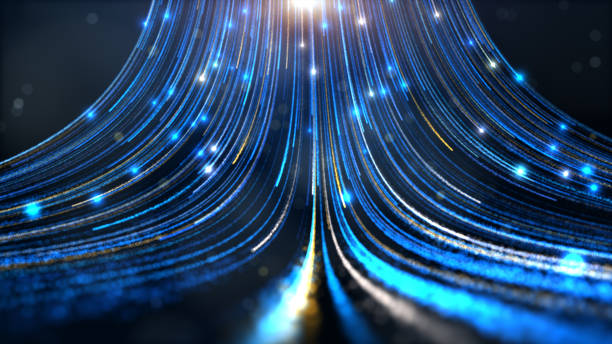 istock Abstract motion blue color glow light trail with particles background. 1489915147