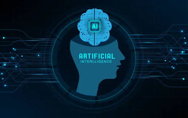 Vector illustration of Artificial Intelligence learning with digital brain and circuit background