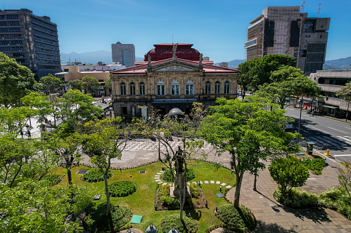 Beautiful aerial view of the National Theater of Costa Rica and Plaza de la Cultura