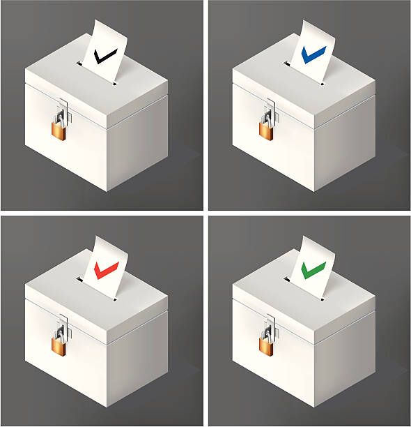 Ticked voting ballots Drawing of voting ballots going in the slot of a ballot box. There is also different colored versions of voting ballots. Vector illustration. Large jpg is included. designate stock illustrations