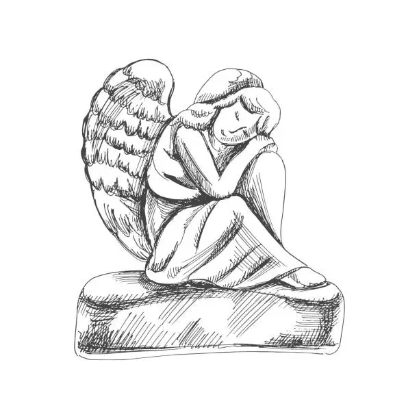 Vector illustration of Hand drawn sad stone angel  sitting with his head on his knees. Marble tombstone. Vector drawing isolated illustration for funeral business. Sketch christian symbol of death, cemetery, sorrow, burial and afterlife