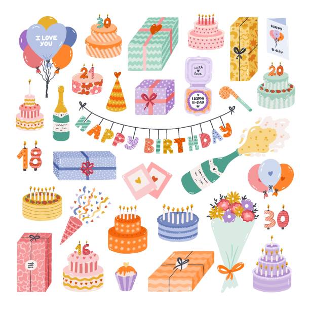 ilustrações de stock, clip art, desenhos animados e ícones de cute hand drawn birthday set. trendy holiday elements, party decoration, cupcakes, candles, gifts, balloons, party hat. happy birthday clipart collection for kid. symbol of celebration, anniversary. - champagne coloured illustrations