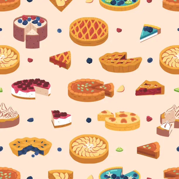 Vector illustration of Seamless Pattern Featuring Various Types Of Pies And Cut Out Pieces In A Repeating Design, Cartoon Vector Illustration