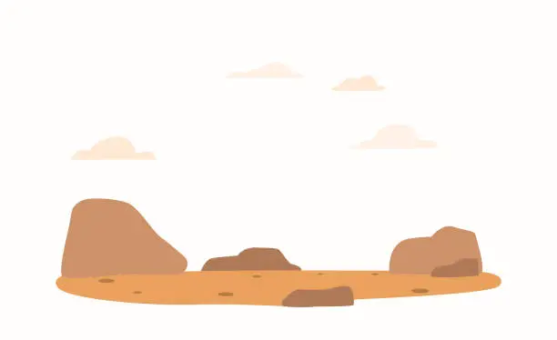 Vector illustration of Dry, Arid, Barren Landscape, Dotted With Boulders And Stones Of Various Sizes, With No Vegetation Or Signs Of Life