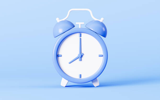 istock Cartoon blue clock in the blue background, 3d rendering. 1489930174