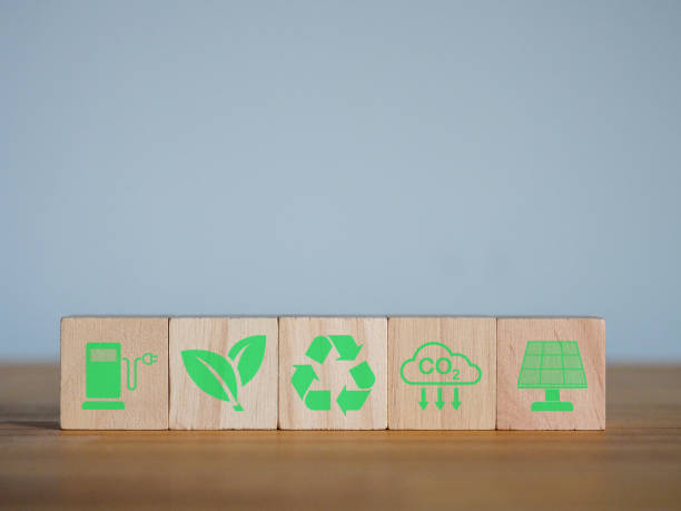 istock Reducing global warming on wooden blocks, Reuse concept, reducing CO2 emissions 1489932251