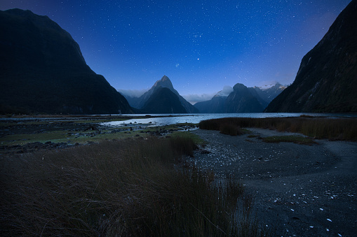 Milford Sound, South Island, New Zealand at night.