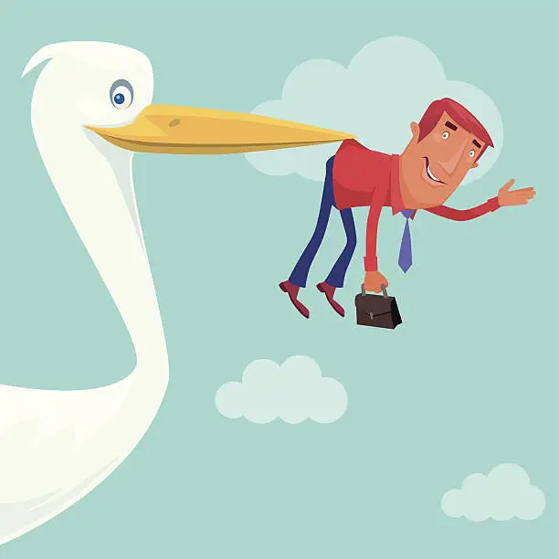 Vector illustration of stork carrying businessman