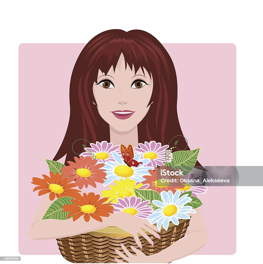 Девушка с корзиной цветов - Векторная графика Абстрактный роялти-фри