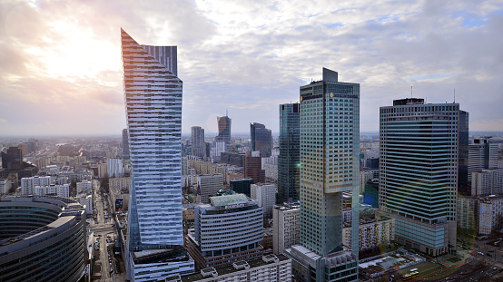 Aerial cityscape of Warsaw city from viewing terrace located on the 30th floor of Palace of Culture and Science.