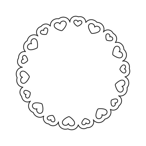 ilustrações de stock, clip art, desenhos animados e ícones de round scalloped frame with hearts pattern outline line art, pastel cute valentines frame border - doily heart shape animal heart valentines day