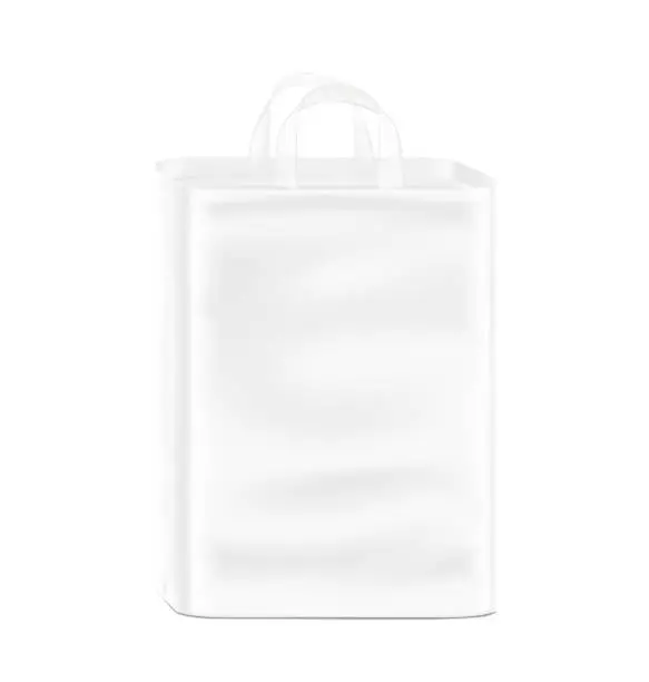 Vector illustration of Realistic stand bag with plastic handle mockup. Half side view. Vector illustration isolated on white background.