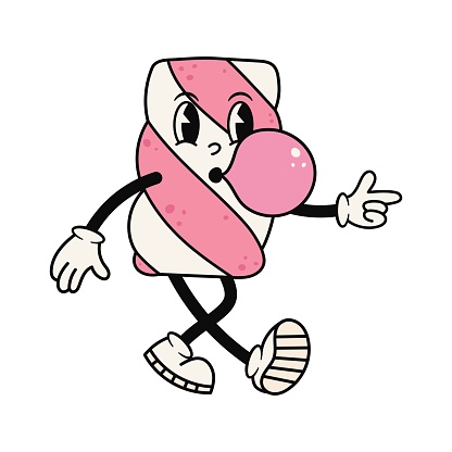 Groovy striped marshmallow character blowing bubble gum. Cute retro mascot. Cartoon isolated vector illustration.