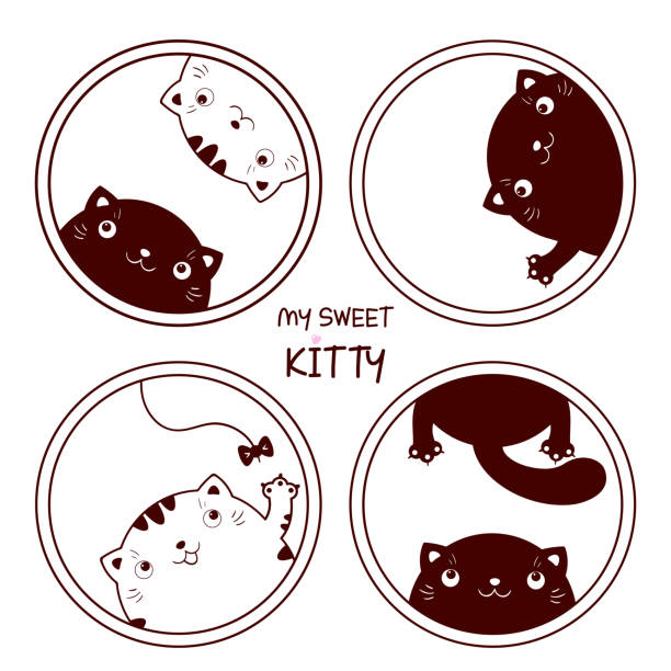 Mi dulce gatito.  Conjunto de iconos monocromáticos redondos con gatos lindos. Colección de gatitos encantadores en diferentes poses. Se puede utilizar para impresión de camisetas, pegatinas, diseño de tarjetas de felicitación - ilustración de arte vectorial