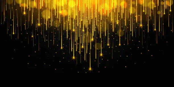 Vector illustration of 2304.m01.i006.n025.F.c07.Golden shimmering shooting stars. Dark background with falling shiny glitter confetti particles, sparks rain luxury abstract vector backdrop