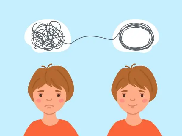 Vector illustration of Child boy psychology. Kids psychological development, children_s therapy and mental health. Confused and clear mind concept cartoon vector illustration