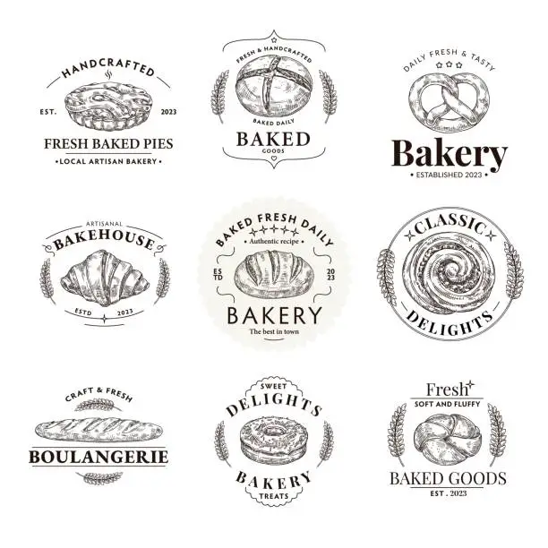 Vector illustration of Bakery emblem. Local bakehouse artisan label with hand drawn fresh baked bread, sweet delights and baked good vector template set