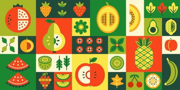 Vector illustration of Geometric fruit mosaic. Healthy diet, fresh juicy fruits and berries. Natural grocery food products grid tiles vector background illustration