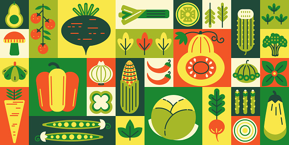 Geometric vegetable mosaic. Healthy food market, grocery products and local farm goods grid tiles background. Garden-fresh veggie shop vector illustration. Natural ingredients as tomato and beetroot