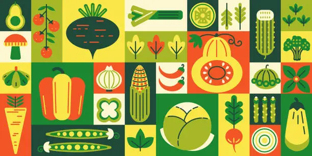 Vector illustration of Geometric vegetable mosaic. Healthy food market, grocery products and local farm goods grid tiles background. Garden-fresh veggie shop vector illustration