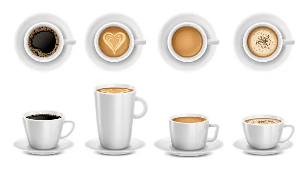 Vector illustration of Realistic 3D cups of coffee. White ceramic cup of cappuccino, latte art and coffee shop promotion mockup isolated vector illustration set