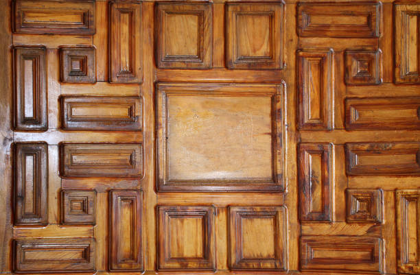 istock Detail of medieval window shutter with square elements and beautiful wooden texture 1489959076