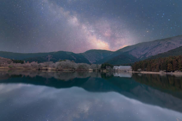 istock Beautiful nightscape with starry night milkyway reflection on the water. 1489960331