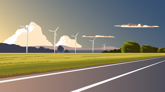 Copy Space Flat Vector Illustration. Empty asphalt road passing wide open fields and towers of wind turbines spinning electricity. Evironment of warm atmosphere in the evening at the countryside.