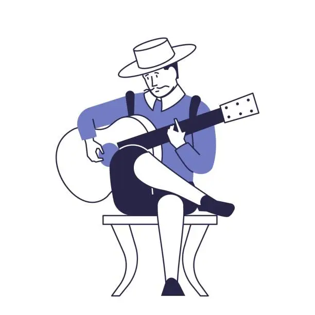 Vector illustration of Spanish musician in traditional costume plays the guitar.