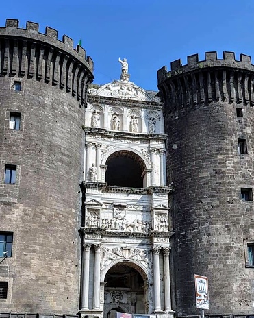 February 5, 2023, Naples (Italy). The Triumphal Arch of the Castel Nuovo (Italian: arco trionfale del Castel Nuovo) is a marble triumphal arch found at the entrance to the Castel Nuovo in Naples, Italy, also known locally as Maschio Angioino.