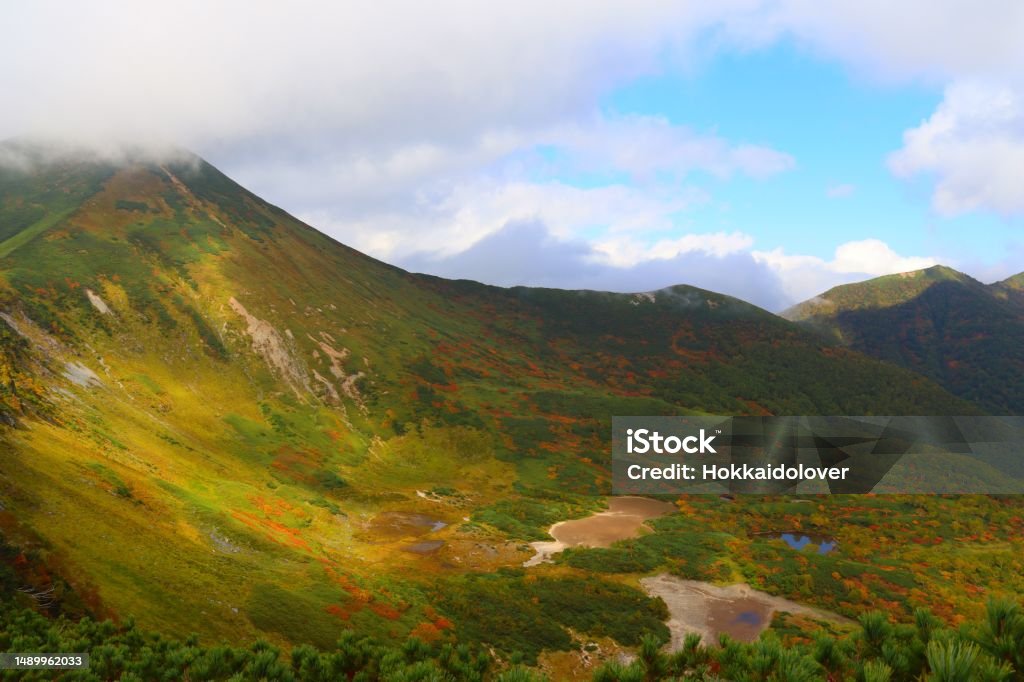 Mt. Poroshiri fall Mt. Poroshiri, Hidaka, Hokkaido Autumn Leaf Color Stock Photo