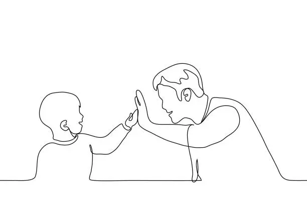 Vector illustration of adult and child give each other five. Father (man) with a boy (son) beat each other in the palm of their hand, they both smile at each other.