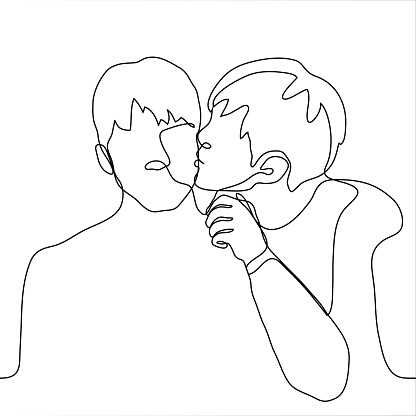 two men, one of whom sits and the other kisses him on the cheek. one line drawing concept congratulatory kiss, kiss from relative (son / brother), love kiss