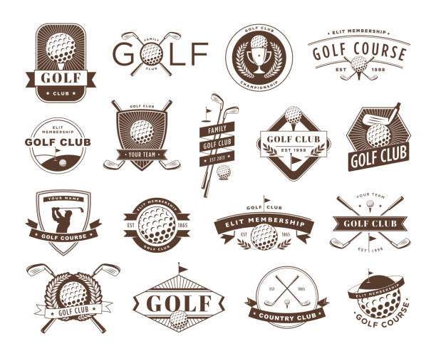 odznaki klubu golfowego. emblemat pola gry, etykieta sylwetki piłki golfowej i zestaw ilustracji wektorowych stylu życia sportowego - golf club golf ball golf ball stock illustrations