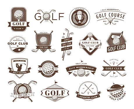Golf club badges. Game course emblem, golf ball silhouette label and sport lifestyle vector illustration set. Tournament with equipment and trophy. Shield with player participating in championship