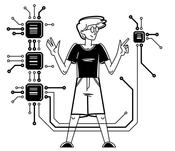 bildbanksillustrationer, clip art samt tecknat material och ikoner med electronic repair circuit boards computer hardware engineer doing job, vector illustration of young person working with motherboard and processors, electronic technology. - engineer software support