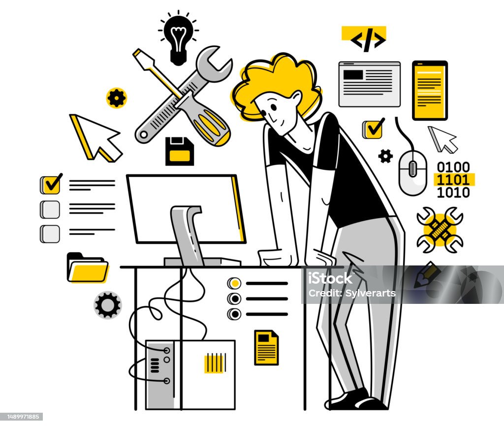 Computer System Servicing Computer Programming Draw Technician Computer Engineer Repairing Pc Vector Outline Illustration ...