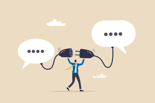 stockillustraties, clipart, cartoons en iconen met communicate to solve problem, discussion or meeting to get new idea, collaboration or cooperate to success, connect idea for solution concept, businessman connect plug between conversation dialog. - luisteren