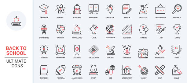 School, college and university education red black thin line icons set, laboratory equipment. Red black thin line icons set for school, college and university education. Laboratory equipment for training chemistry and physics, library books for students. Vector illustration. educational subject stock illustrations