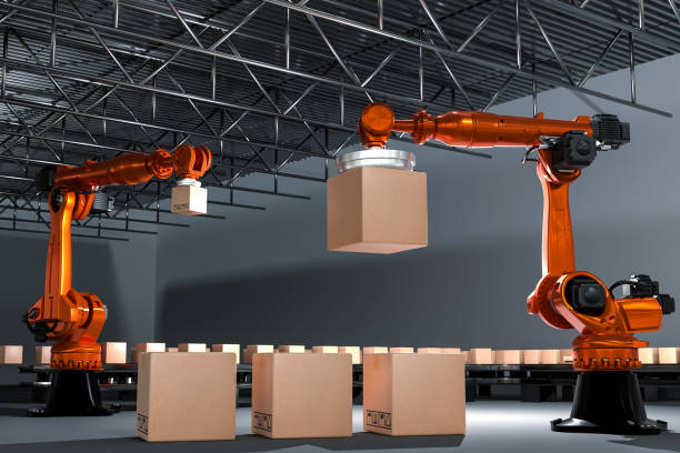 istock Arm Robot AI manufacture Box product Object for manufacturing industry technology Product export and import of future For Products, food, cosmetics, apparel warehouse mechanical future technology 1489978578