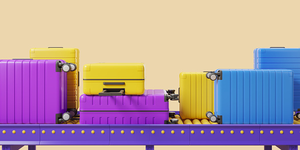 Bright purple, blue and yellow suitcases lying on airport luggage belt over yellow background. Concept of travel and vacation. 3d rendering