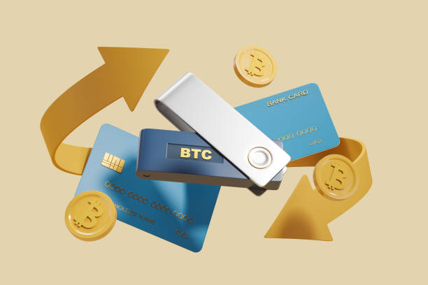 Cryptocurrency to cash exchange concept Credit card and cryptocurrency hardware cold wallet with arrows and bitcoin around it. Concept of cryptocurrency exchange. 3d rendering Cryptocurrency in E-Commerce stock pictures, royalty-free photos & images